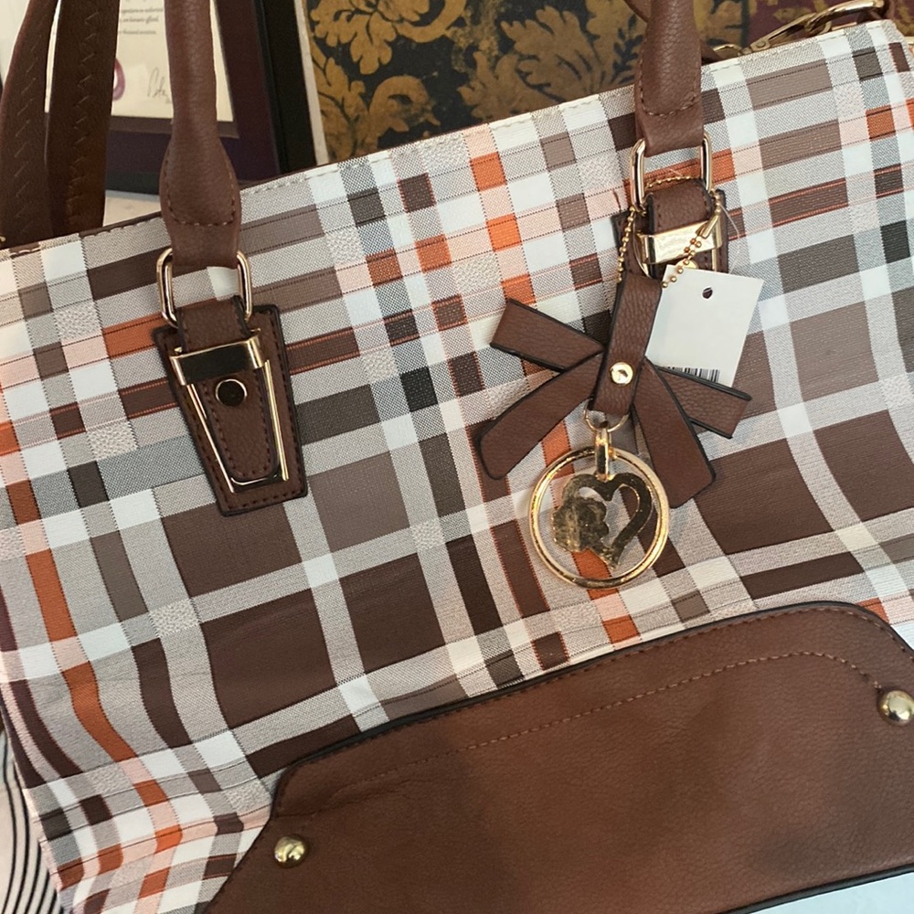 Brown orange and white plaid shoulder bag